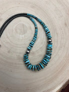 Ice Blue Turquoise Graduated Necklace – Sterling Silver & Hematite - 23 inch - Cowhide and Conchos