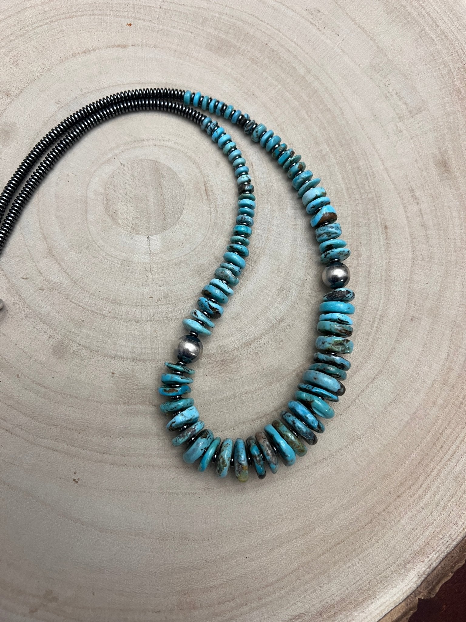 Ice Blue Turquoise Graduated Necklace – Sterling Silver & Hematite - 23 inch - Cowhide and Conchos