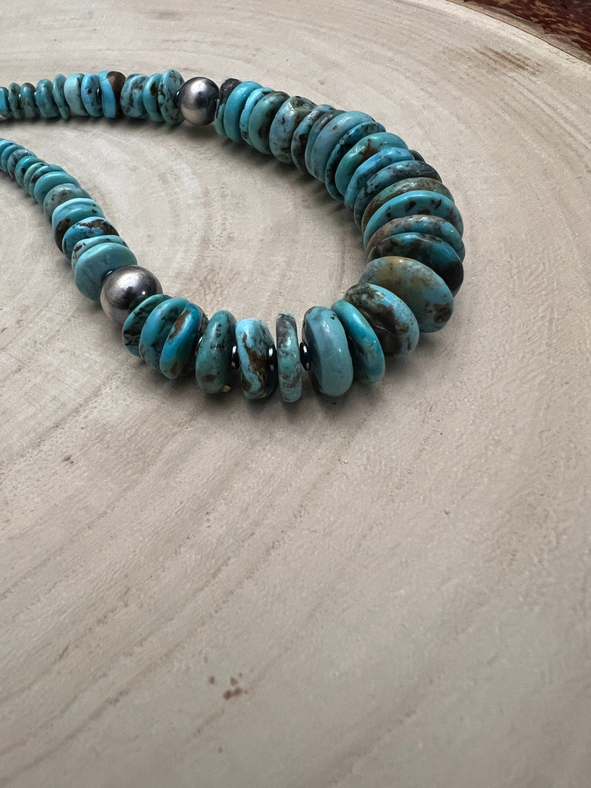 Ice Blue Turquoise Graduated Necklace – Sterling Silver & Hematite - 23 inch - Cowhide and Conchos