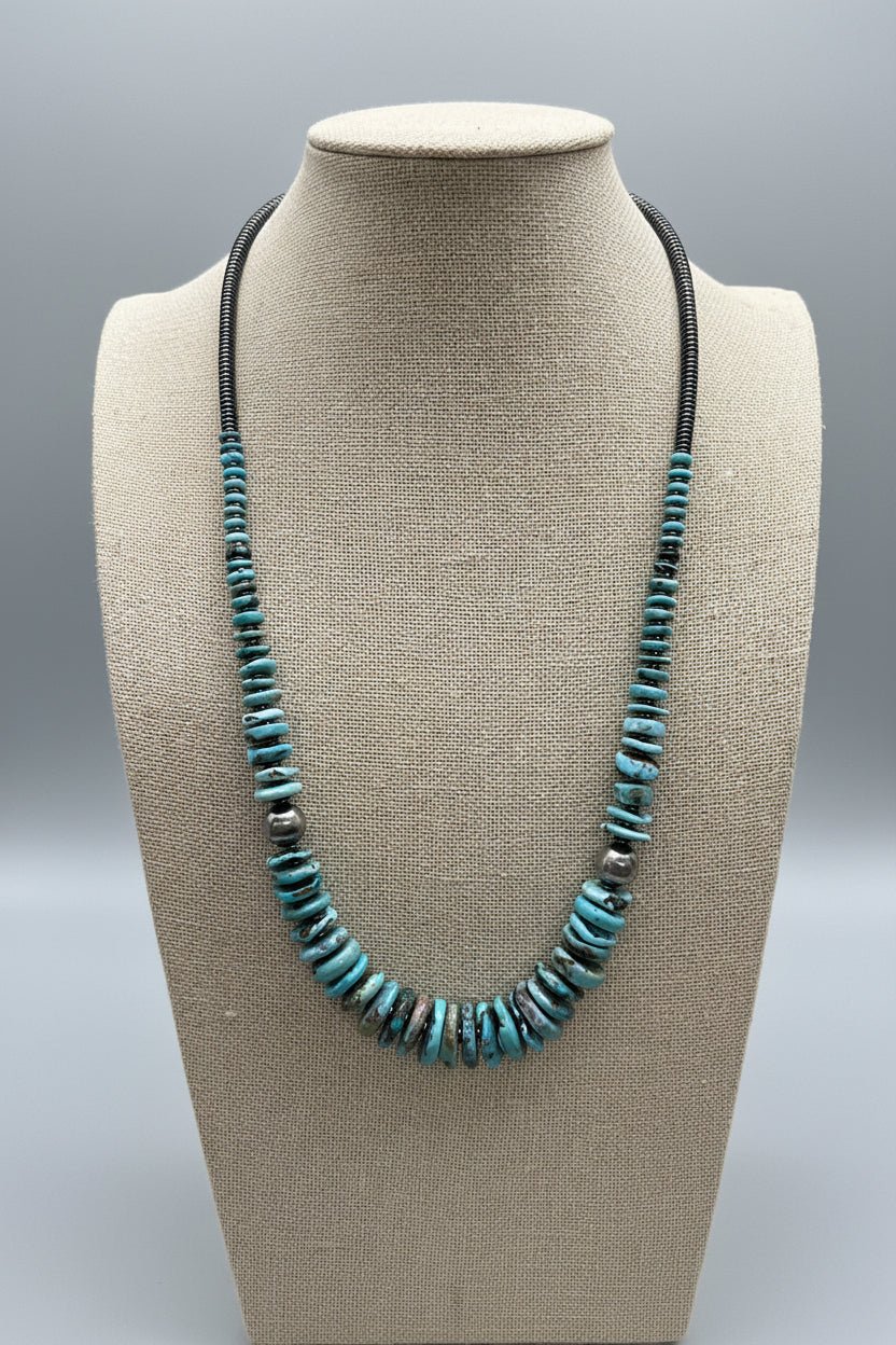 Ice Blue Turquoise Graduated Necklace – Sterling Silver & Hematite - 23 inch - Cowhide and Conchos