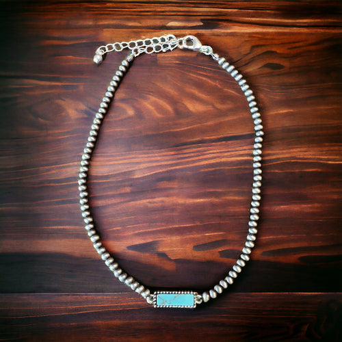 4mm Navajo Style Pearl with Stone Pendant Choker - 13 inch