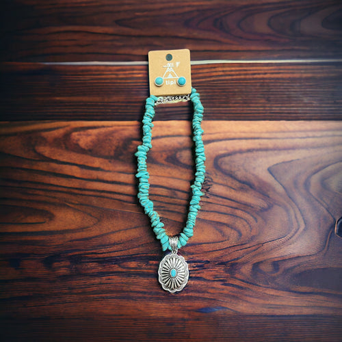 Turquoise Chip Stone & Concho Necklace & Earring Set