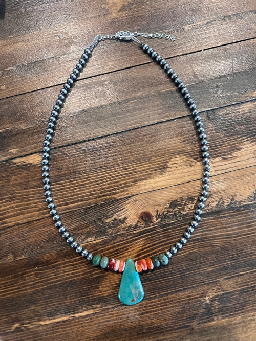 Turquoise Teardrop Sterling Pearl Choker - 14 inch