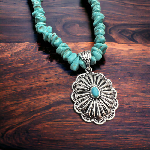 Turquoise Chip Stone & Concho Necklace & Earring Set