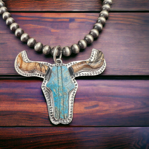 Kingman Turquoise Longhorn Pendant on Genuine Navajo Made Sterling Silver Pearls