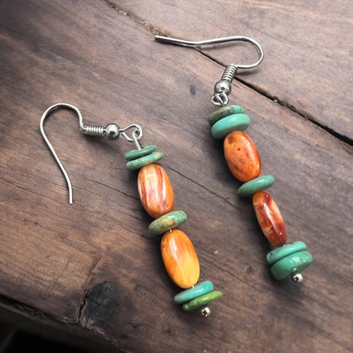 Orange Spiny and Green Turquoise Simple Dangle Earrings