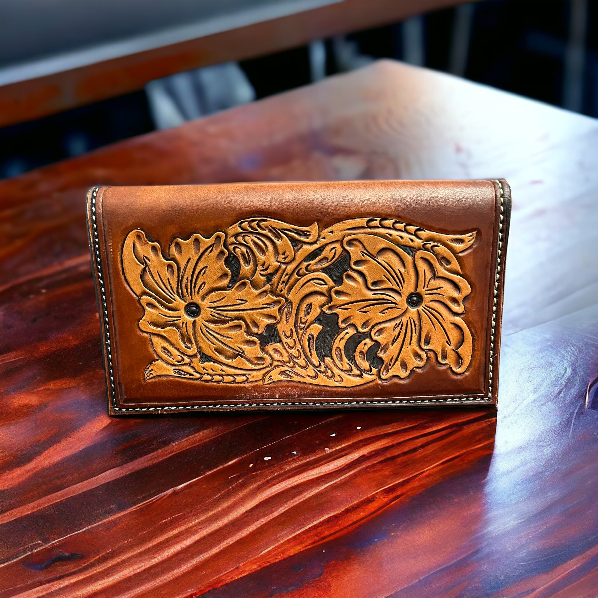 Hand Tooled Check Book Cover – Cowhide and Conchos