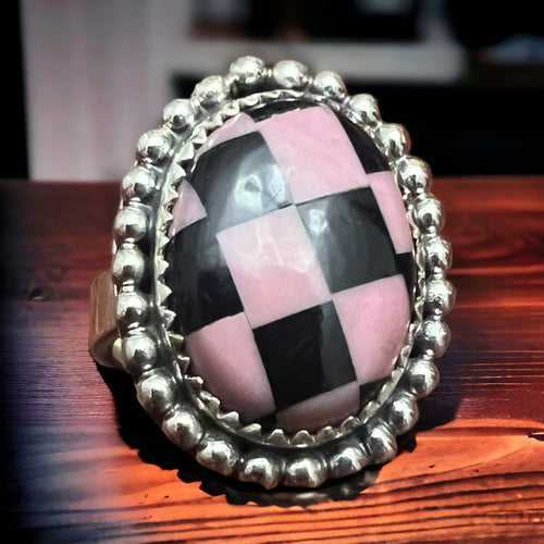 Pink & Black Checkered Print Sterling Silver Ring - Size 8 adjustable