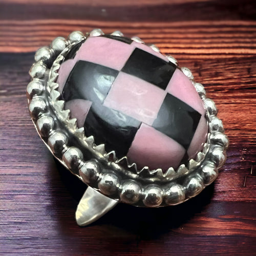 Pink & Black Checkered Print Sterling Silver Ring - Size 8 adjustable