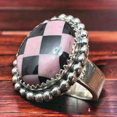 Pink & Black Checkered Print Sterling Silver Ring - Size 8 adjustable