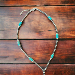 Lariat sterling silver pearls and genuine turquoise - 16 inch with 4 inch drop