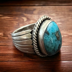 Turquoise ring - gorgeous big cabochon on wide starburst sterling band - JM Hallmark -Size 8.5