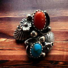 Turquoise, Coral & Sterling Silver Ring by Etta Belin - Size 8, 9.5, 10
