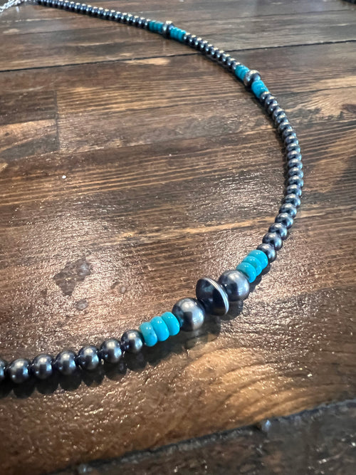 19 inch Turquoise with Sterling Silver Pearls