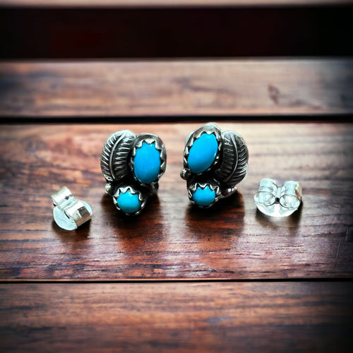 Petite Turquoise post earrings with sterling silver leaf - front with earrings backs