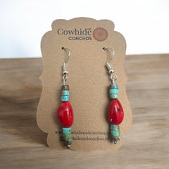 Green Turquoise Dangle Earrings With Red Corral