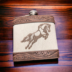 Jump Horse design on tooled leather flask