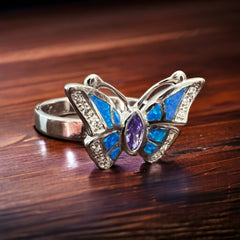 Sterling Butterfly Ring with Opalite inlay and CZ - Size 10