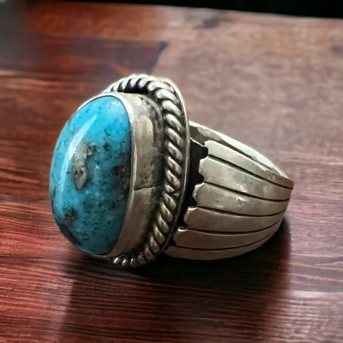 Turquoise ring - gorgeous big cabochon on wide starburst sterling band - JM Hallmark -Size 8.5