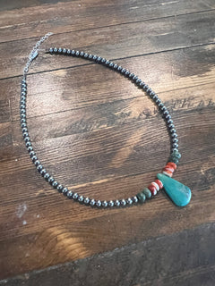 Turquoise Teardrop Sterling Pearl Choker - 14 inch