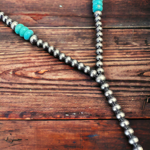 Lariat sterling silver pearls and genuine turquoise - 16 inch with 4 inch drop