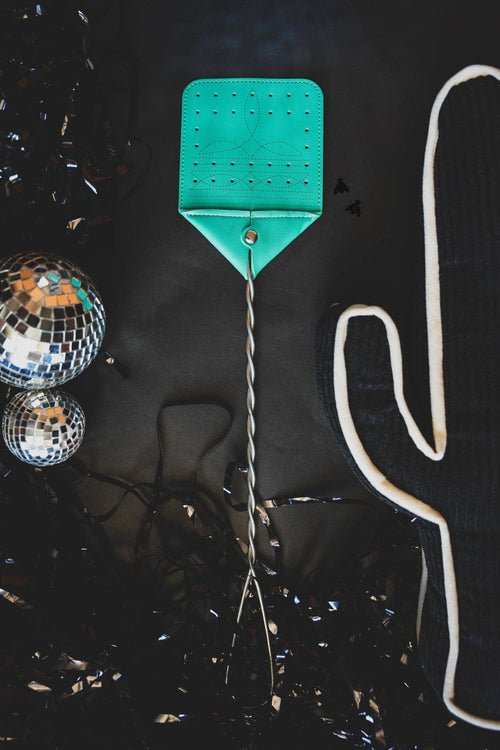 In Stitches Fly Swatter - Turquoise - Cowhide and Conchos