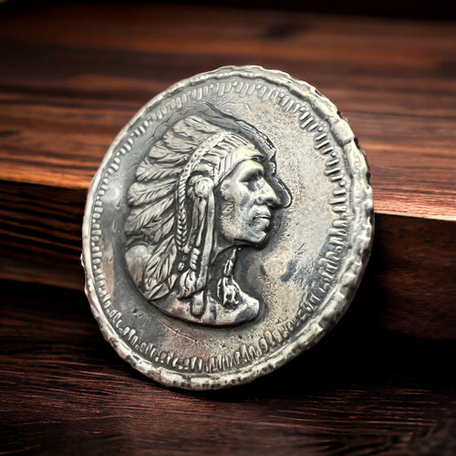 Indian Head Concho hair tie - Sterling Silver - Cowhide and Conchos