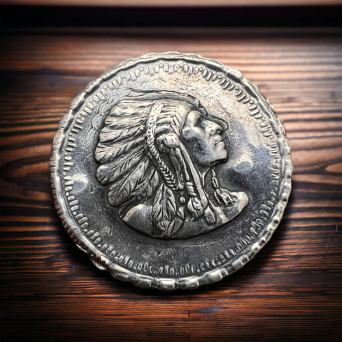 Indian Head Concho hair tie - Sterling Silver - Cowhide and Conchos