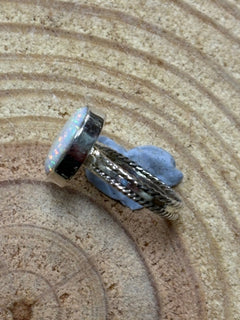 Isabelle Yazzie Navajo Handmade Sterling Silver Opal Ring - Size 7 - Cowhide and Conchos