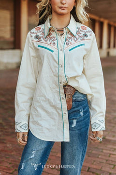 Ivory Aztec Embroidered Western Yoke Pearl Snap Top - Cowhide and Conchos
