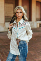 Ivory Aztec Embroidered Western Yoke Pearl Snap Top - Cowhide and Conchos