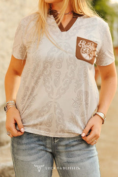 Ivory Brown Boot Stitch Rodeo Printed Stretch Top - Cowhide and Conchos