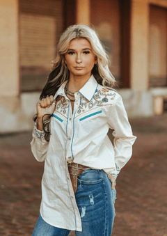 Ivory Embroidered Western Yoke Pearl Snap Top - Cowhide and Conchos