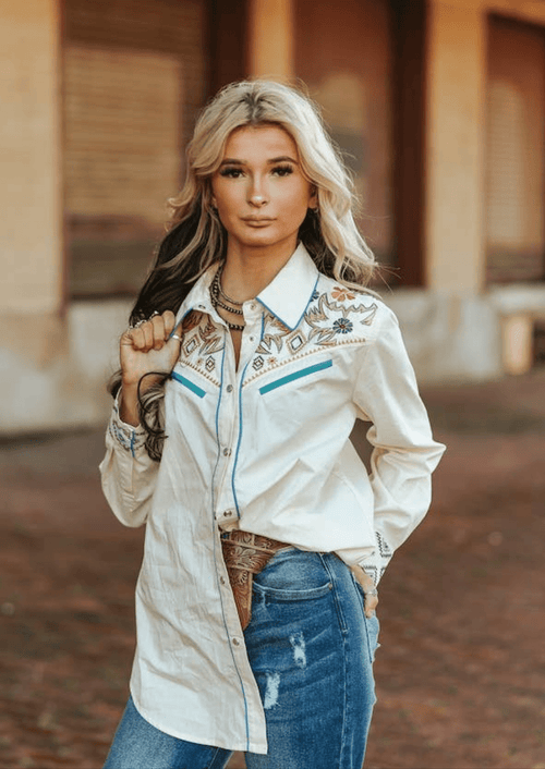 Ivory Embroidered Western Yoke Pearl Snap Top - Cowhide and Conchos