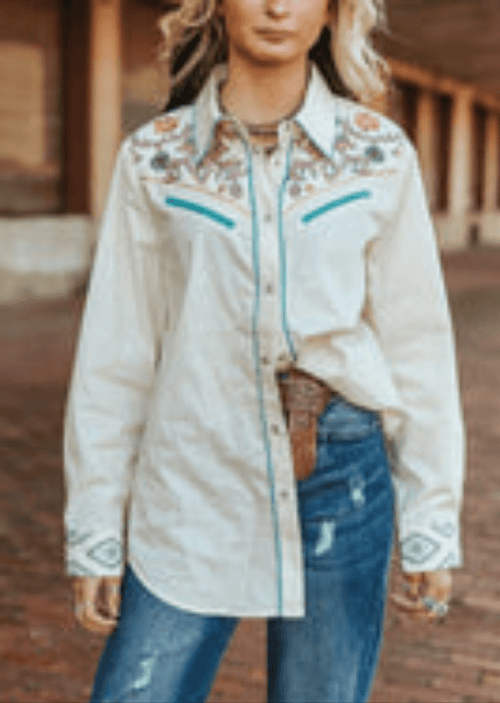 Ivory Embroidered Western Yoke Pearl Snap Top - Cowhide and Conchos