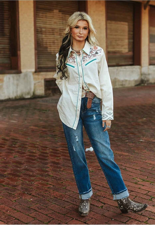 Ivory Embroidered Western Yoke Pearl Snap Top - Cowhide and Conchos
