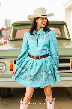 Jade Aztec Pearl Snap Button Down Pleated Dress - Cowhide and Conchos