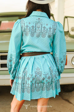 Jade Aztec Pearl Snap Button Down Pleated Dress - Cowhide and Conchos