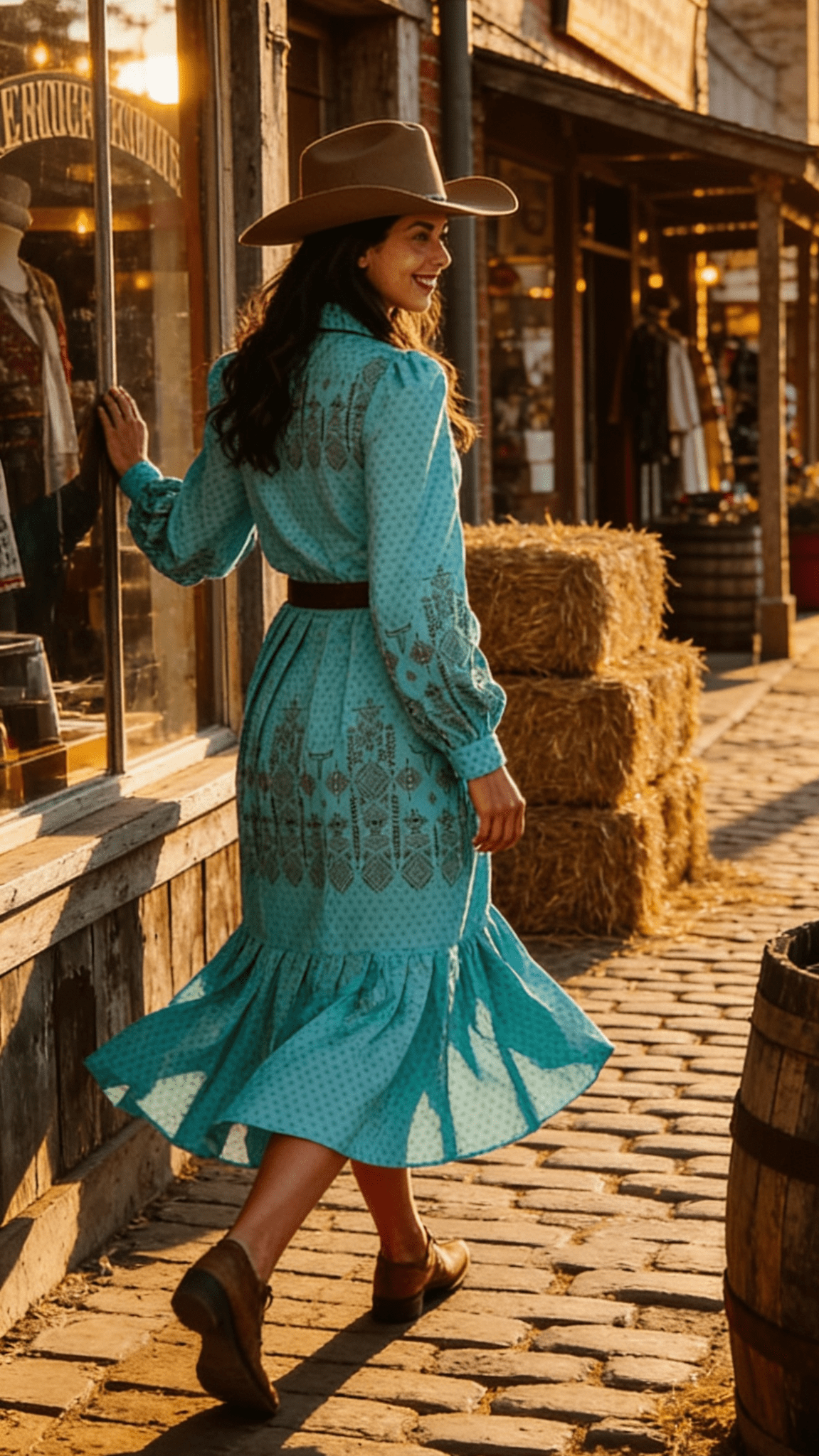 Jade Aztec Pearl Snap Button Down Pleated Dress - Cowhide and Conchos
