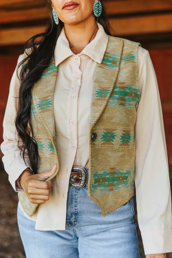 Jade Beige Aztec Wool Blend Concho Button Vest - Cowhide and Conchos