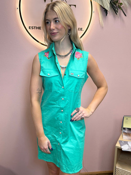 Jade Pearl Snap Button Down Floral Embroidered Sleeveless Stretch Tunic Dress - Cowhide and Conchos