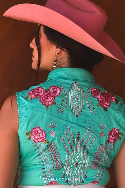 Jade Pearl Snap Button Down Floral Embroidered Sleeveless Stretch Tunic Dress - Cowhide and Conchos