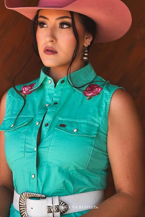 Jade Pearl Snap Button Down Floral Embroidered Sleeveless Stretch Tunic Dress - Cowhide and Conchos