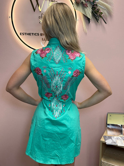 Jade Pearl Snap Button Down Floral Embroidered Sleeveless Stretch Tunic Dress - Cowhide and Conchos