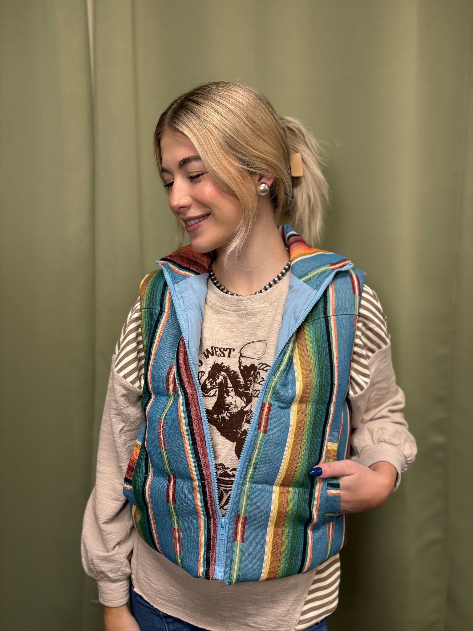 Jade Serape Woven Zip - Up Sleeveless Puffer Vest - Cowhide and Conchos