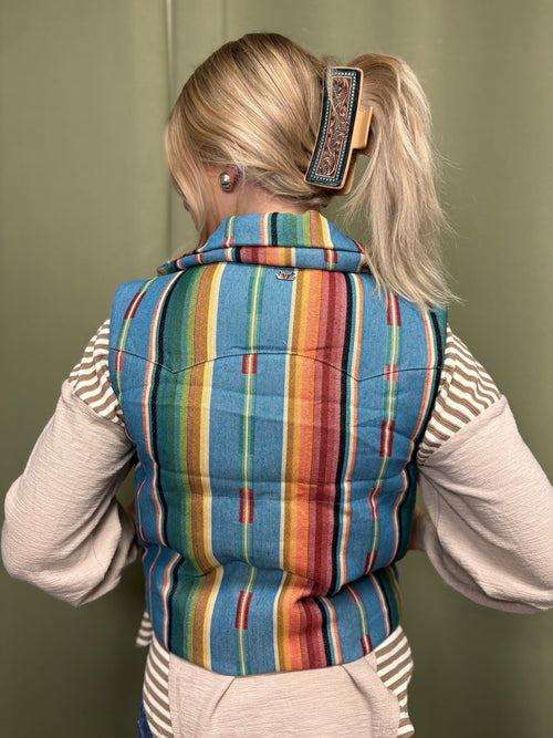 Jade Serape Woven Zip - Up Sleeveless Puffer Vest - Cowhide and Conchos