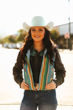 Jade Serape Woven Zip - Up Sleeveless Puffer Vest - Cowhide and Conchos