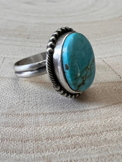 Jameson Garcia Turquoise & Sterling Silver Ring Adjustable Size 7+ - Cowhide and Conchos