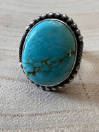 Jameson Garcia Turquoise & Sterling Silver Ring Adjustable Size 7+ - Cowhide and Conchos