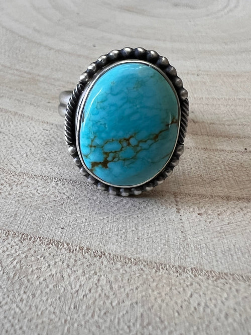 Jameson Garcia Turquoise & Sterling Silver Ring Adjustable Size 7+ - Cowhide and Conchos